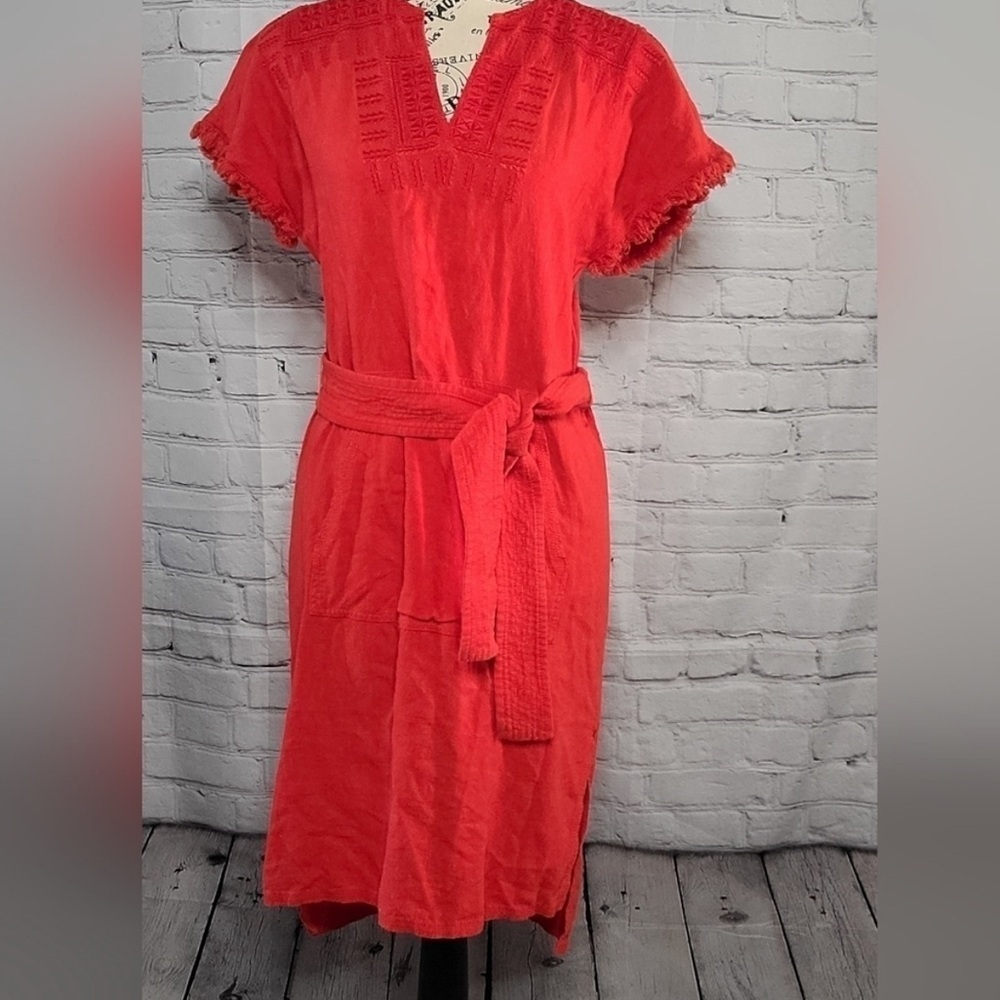 Madewell Linen Blend Embroidered Belted Rust Colored Midi Dress - XXS